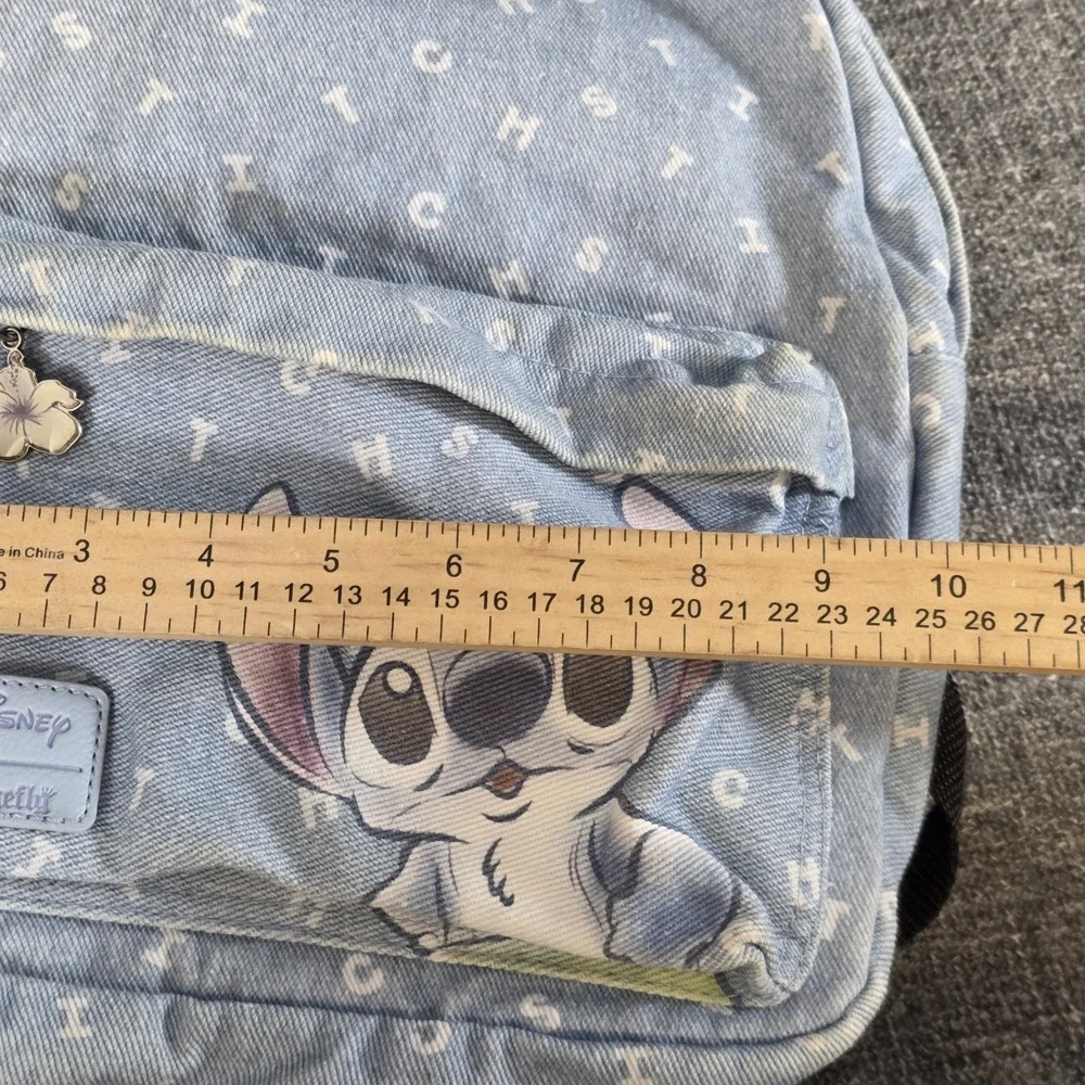 Disney Loungefly Stitch Light Wash Denim Mini Backpack Blue White Letter Print